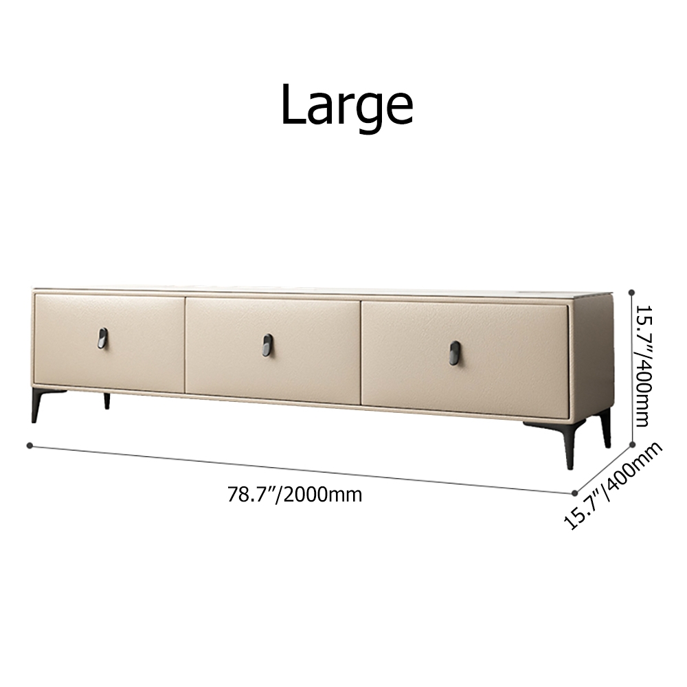 71" Beige TV Stand Sintered Stone 3-Drawer Microfiber Leather Upholstery Media Console window image