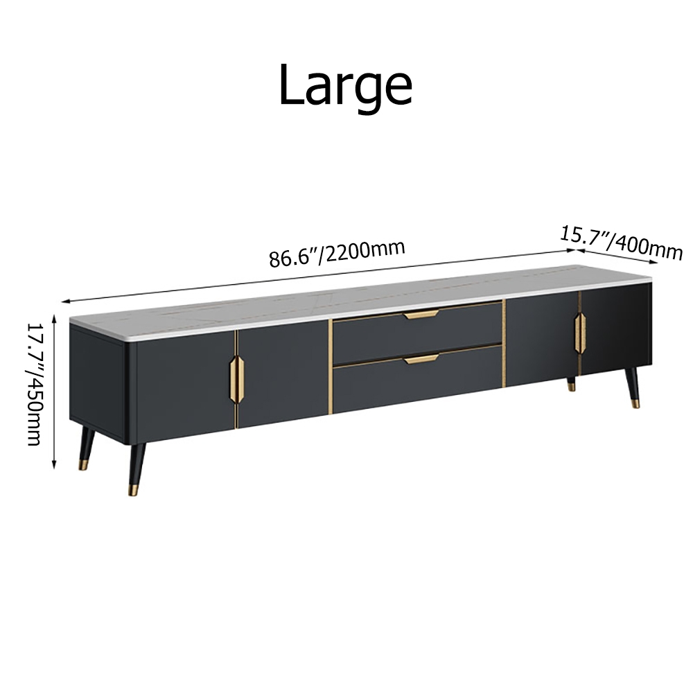 Italian Minimalist 87" TV Stand Sintered Stone Top Black 2-Drawer 4-Door Media Console window image