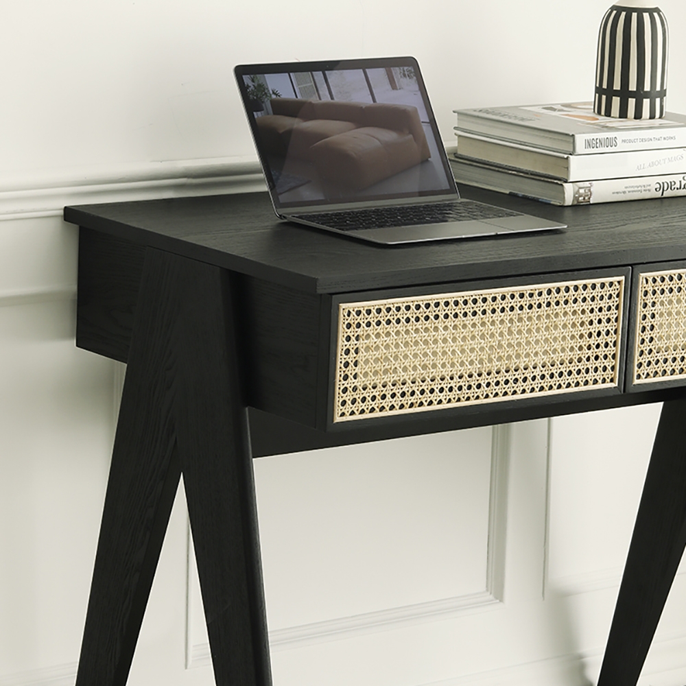Modern Home Office Desk in Black with Drawers in Pine Wood with Rattan window image