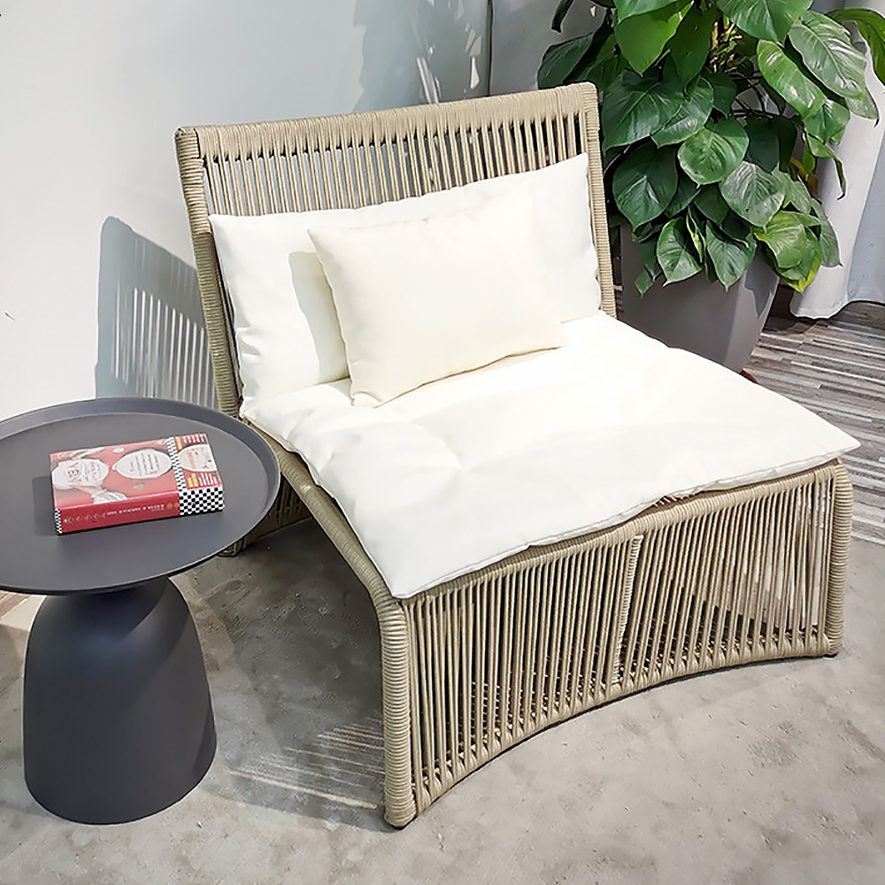 Emilio Rattan Outdoor Accent Chair with Cushion Pillow Wood Color in Arched Bottom window image