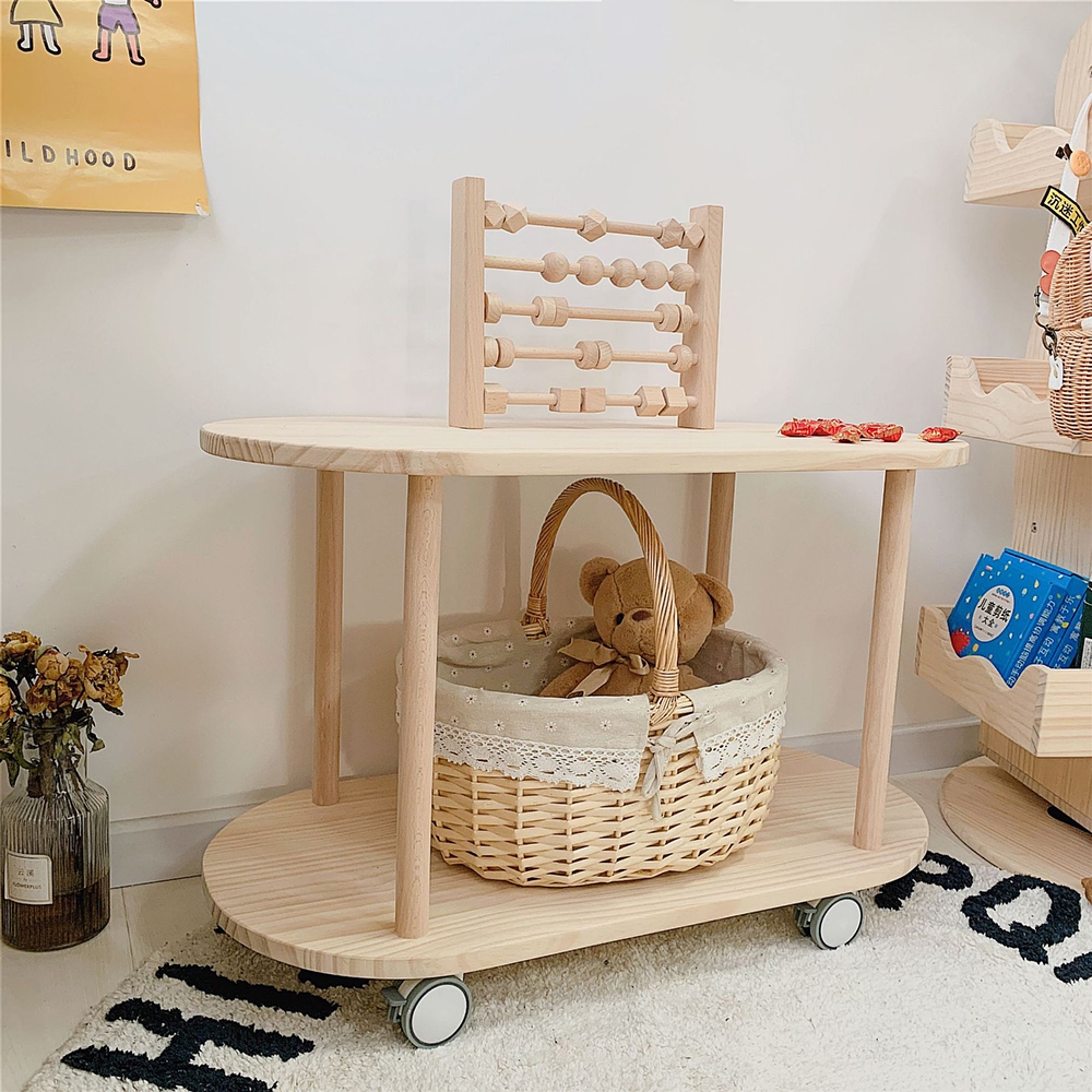 Wooden 2-Tier Kids Toys Organiser Shelves Storage Cart with Casters window image