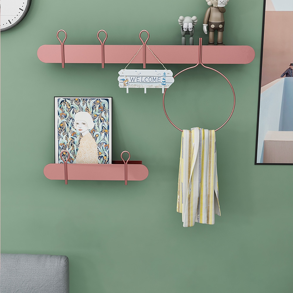 Metal Bathroom Wall Mount Shelf with Towel Ring Pink window image