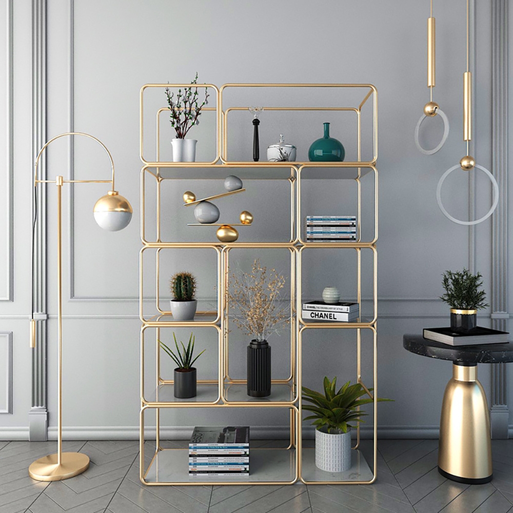 Modern 5-Tiered Etagere Bookshelf in Gold & White window image