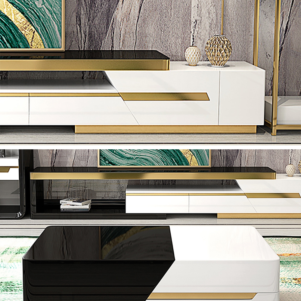 Black & White TV Stand Extendable Tempered Glass Top Media Console with Storage window image