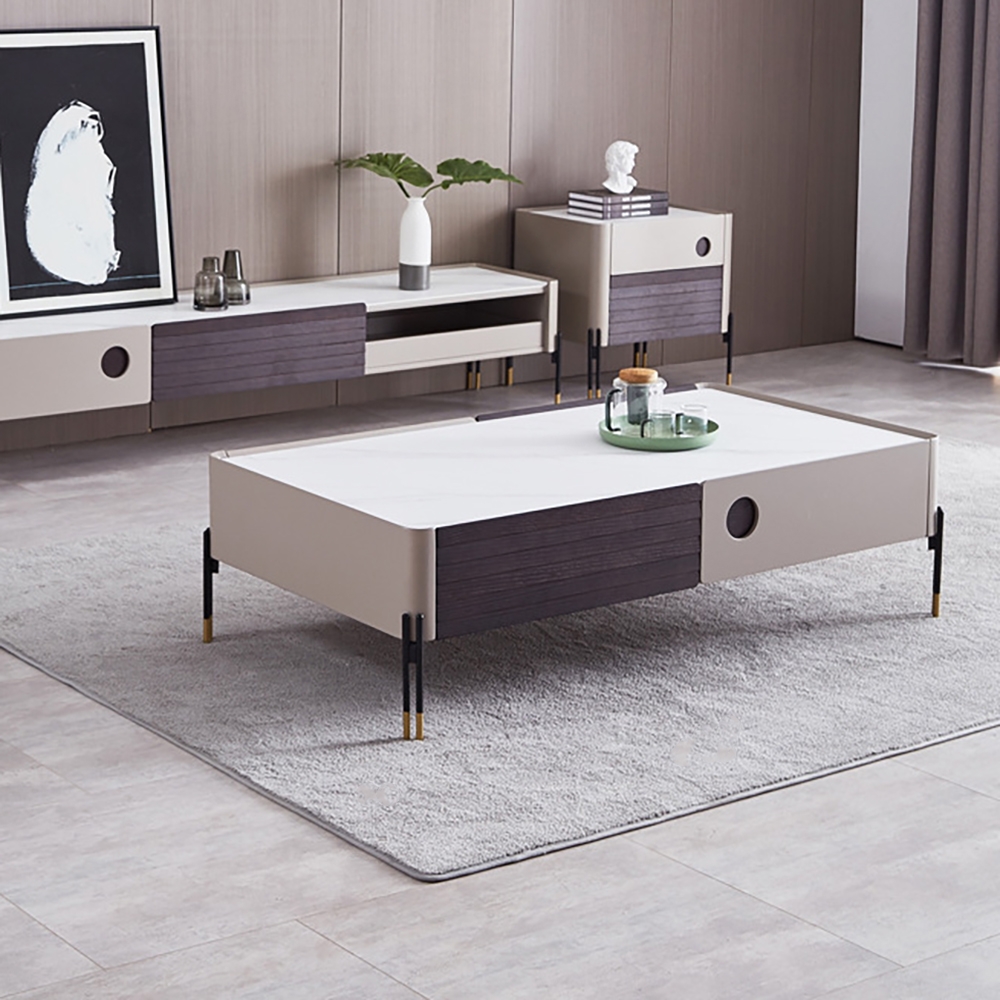 Modern White Coffee Table Decor with Storage Sintered Stone Top & Metal Legs window image