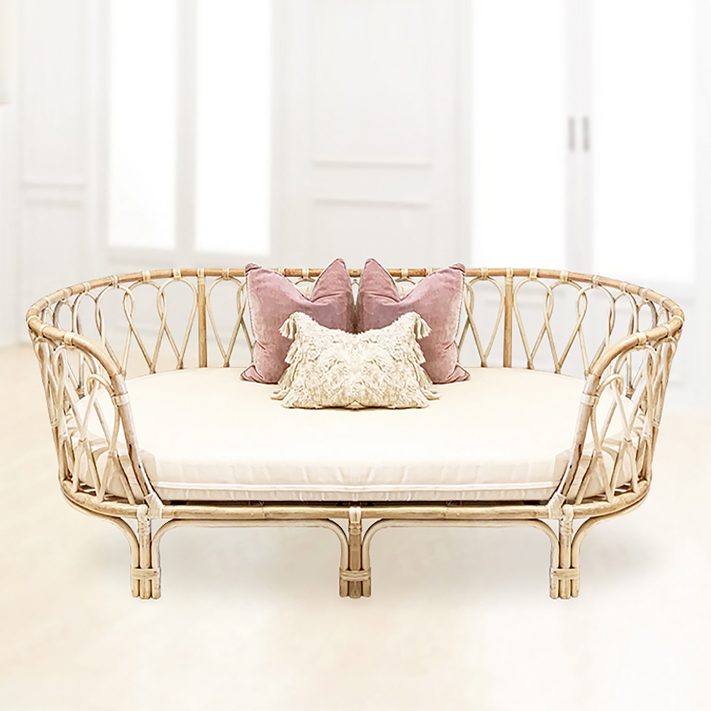 Natural Sofa Cotton & Linen Upholstered Sofa Rattan Frame in Large window image