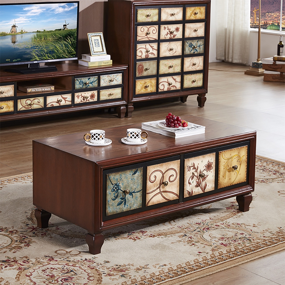 Farmhouse Wood Coffee Table with Drawers in Birch & MDF Mahogany Rustic window image