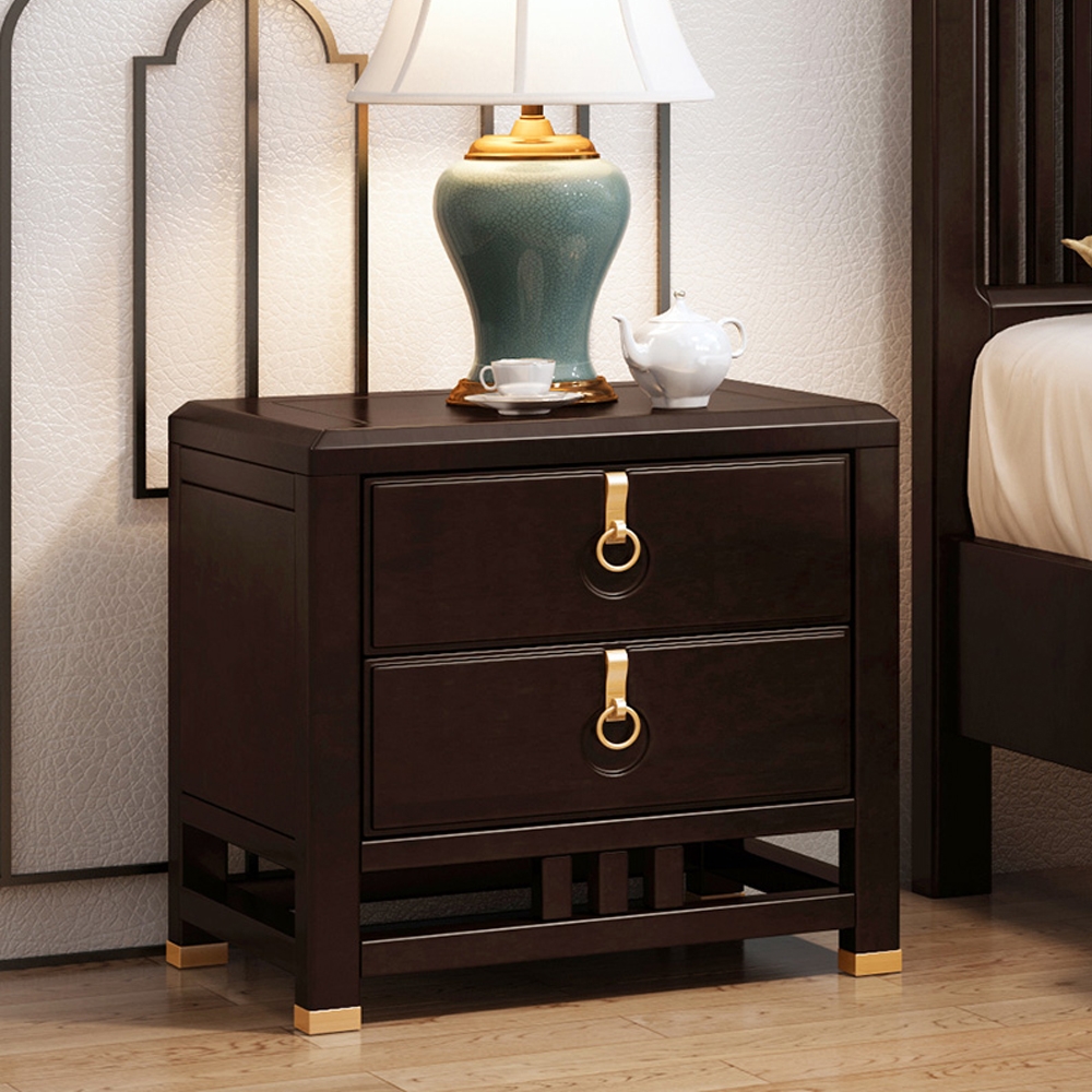 Coffee Nightstand Neo Chinese Style Buddhist Mood Bedside Cabinet with 2 Drawers window image