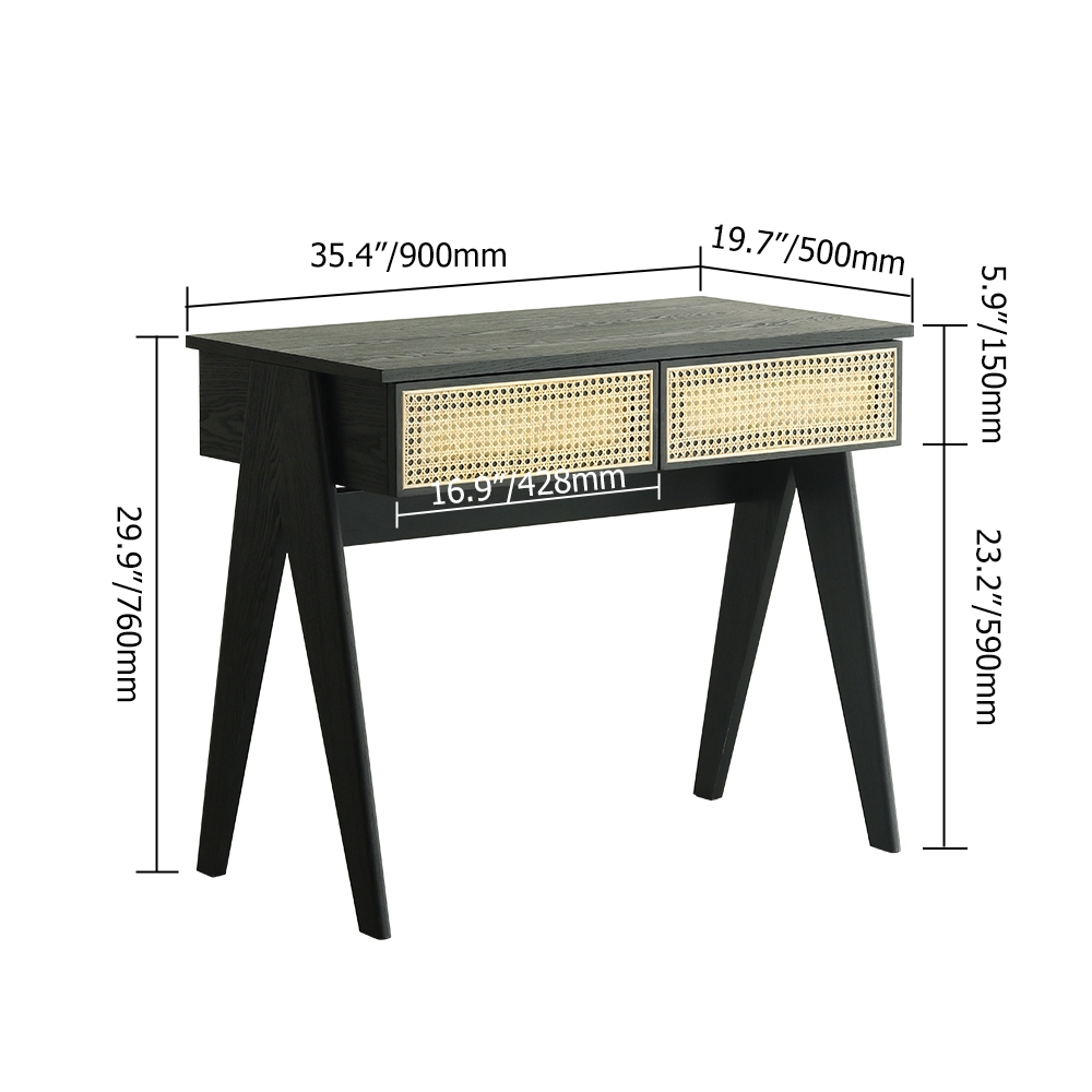 Modern Home Office Desk in Black with Drawers in Pine Wood with Rattan window image