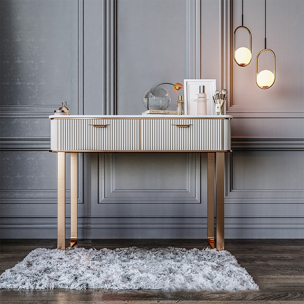 Postmodern Makeup Vanity Sintered Stone Top 2-Drawer with Champagne Gold Legs in Large window image