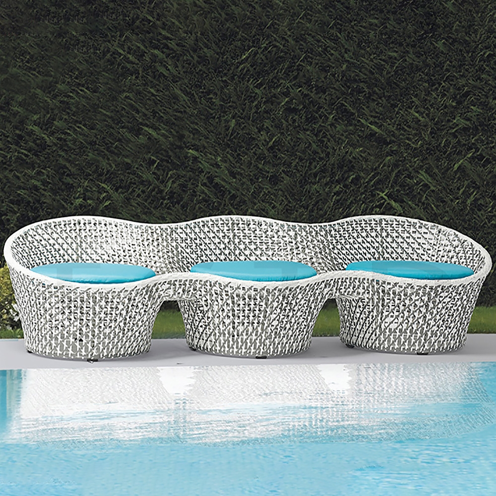 2400mm Outdoor Sofa Rattan with Blue Cushion 3-Seater Peanut-Shape window image