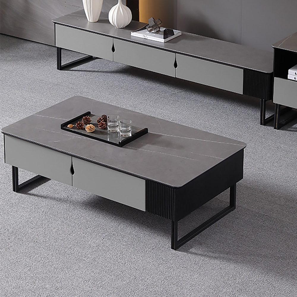 Modern Coffee Table with Drawers in Gray Sintered Stone Top & Carbon Steel Legs window image