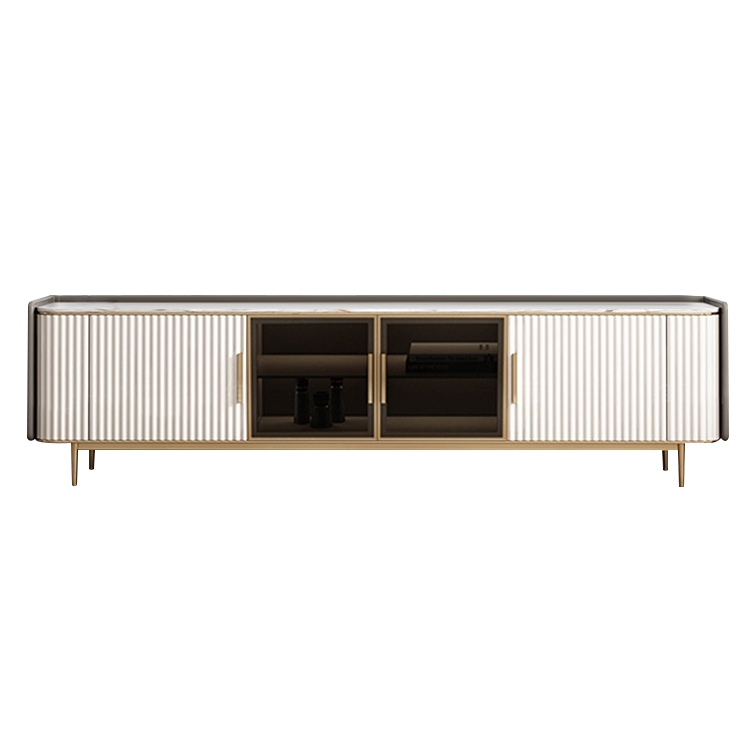 79" White TV Stand Sintered Stone Top Tempered Glass Doors Media Console with Shelves window image