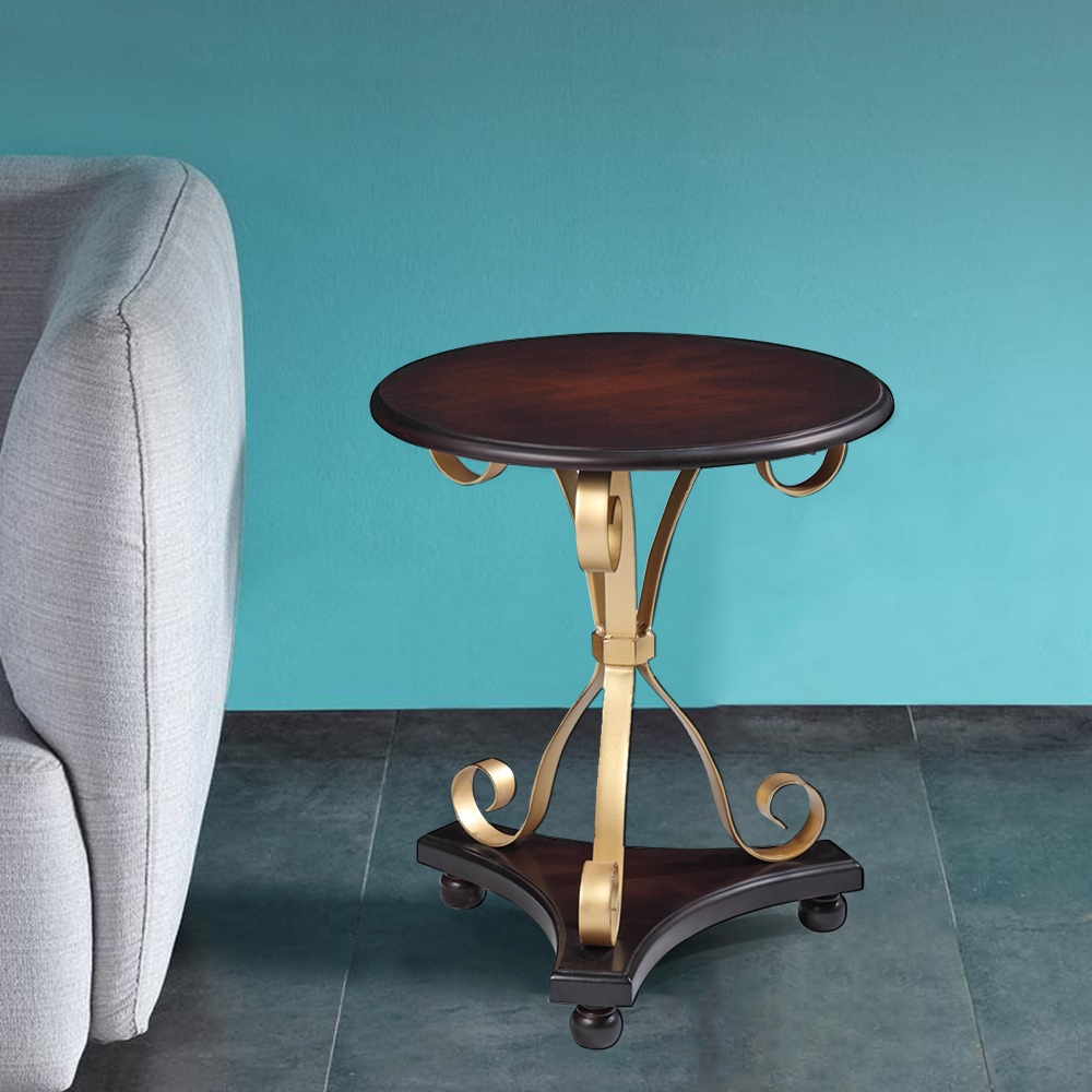 Vintage Round End Table in MDF & Metal Espresso Wooden Side Table window image