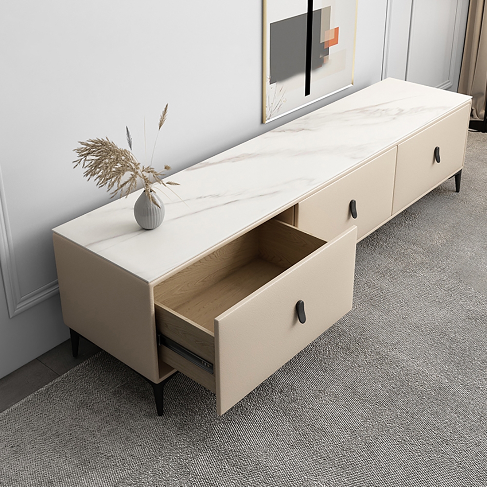 71" Beige TV Stand Sintered Stone 3-Drawer Microfiber Leather Upholstery Media Console window image