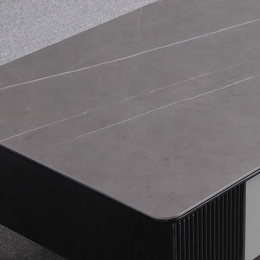 Modern Coffee Table with Drawers in Gray Sintered Stone Top & Carbon Steel Legs window image