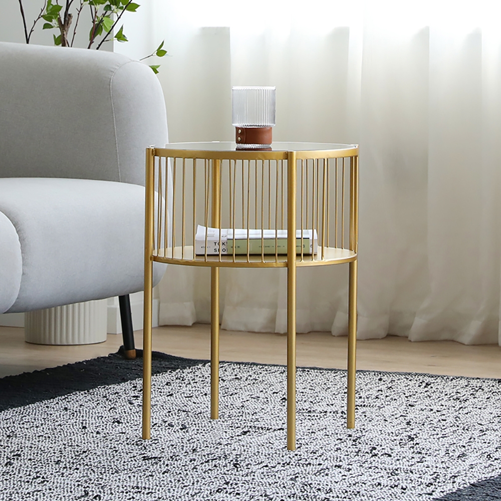 Table de Bout Rond avec Cadre en Métal en Verre Trempé Doré image de fenêtre