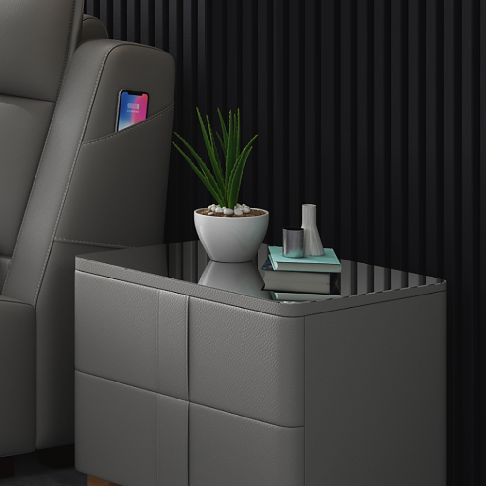 Table de chevet grise avec dessus en verre trempé, tapisserie d'ameublement en cuir PU, 2 tiroirs image de fenêtre