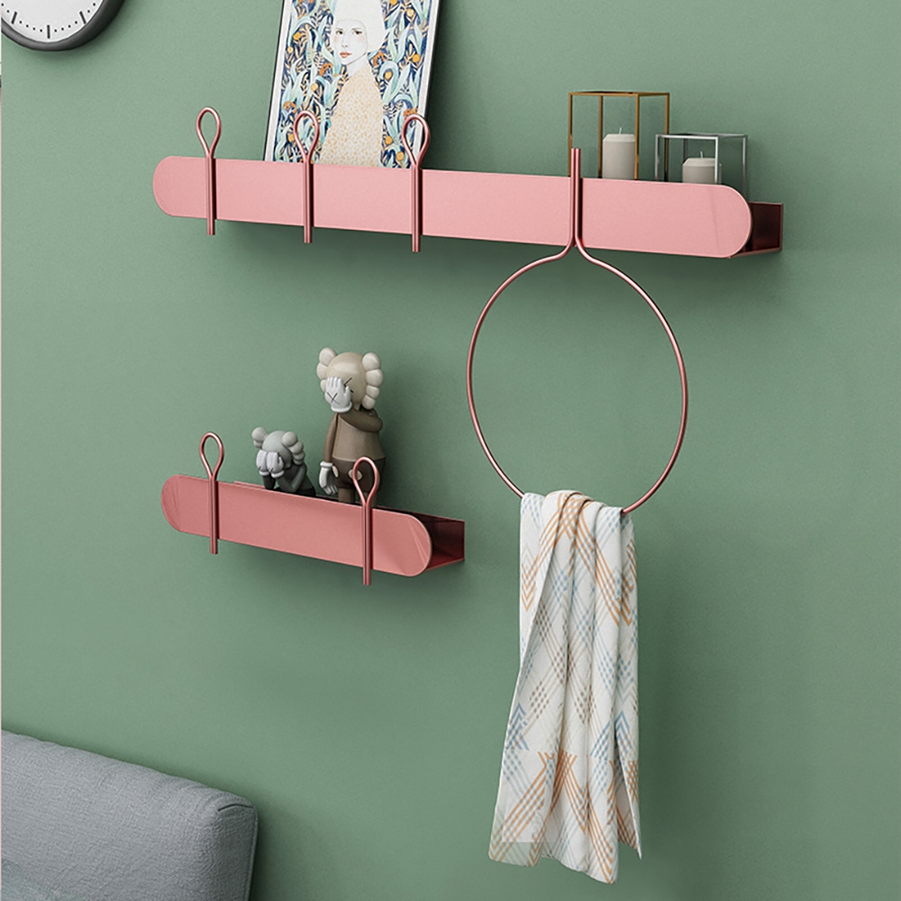 Metal Bathroom Wall Mount Shelf with Towel Ring Pink window image