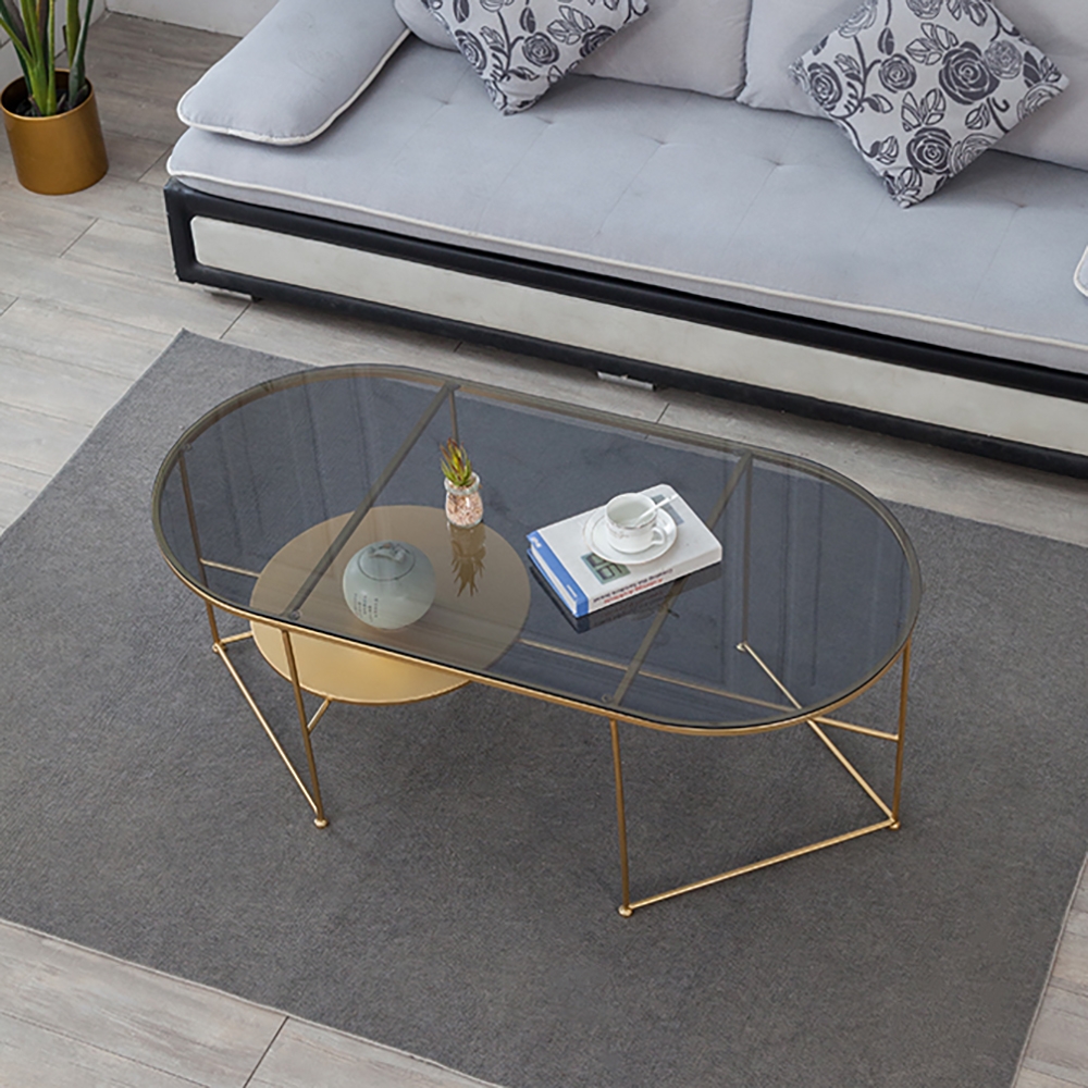 Modern Tempered Glass Coffee Table with Storage with Metal Frame in Gold/ Black window image