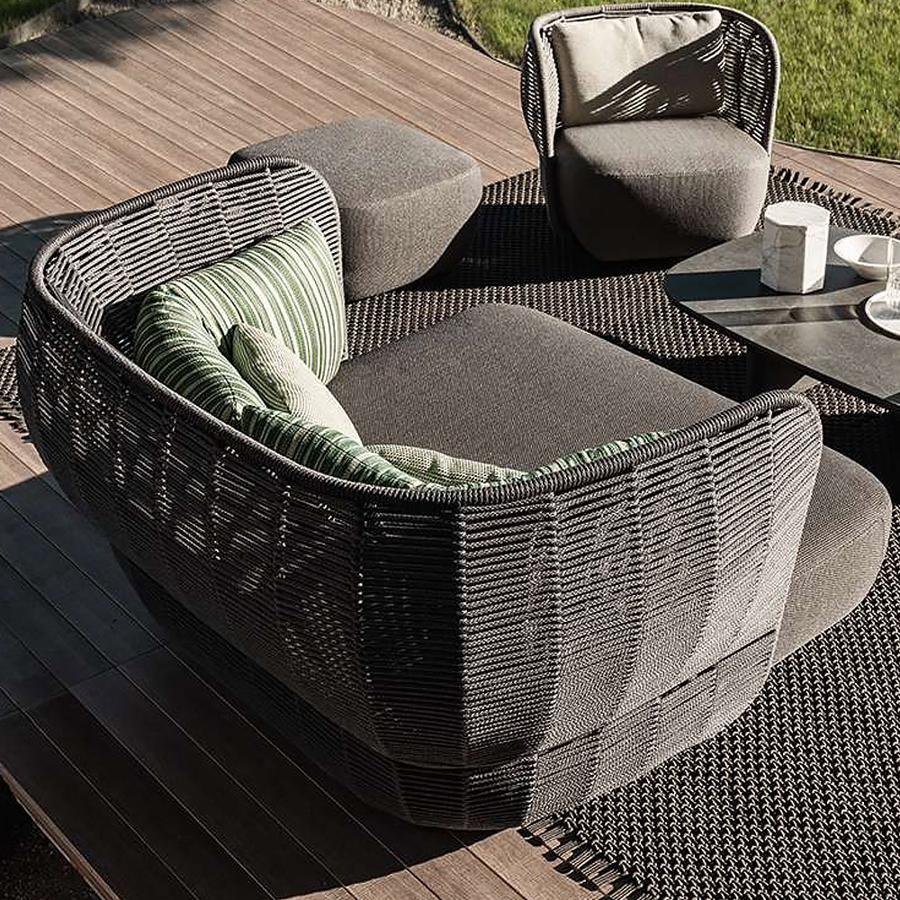 Tropical Style Dark Gray Outdoor Daybed Rattan Patio Sofa with Polyester Cushion Pillow window image