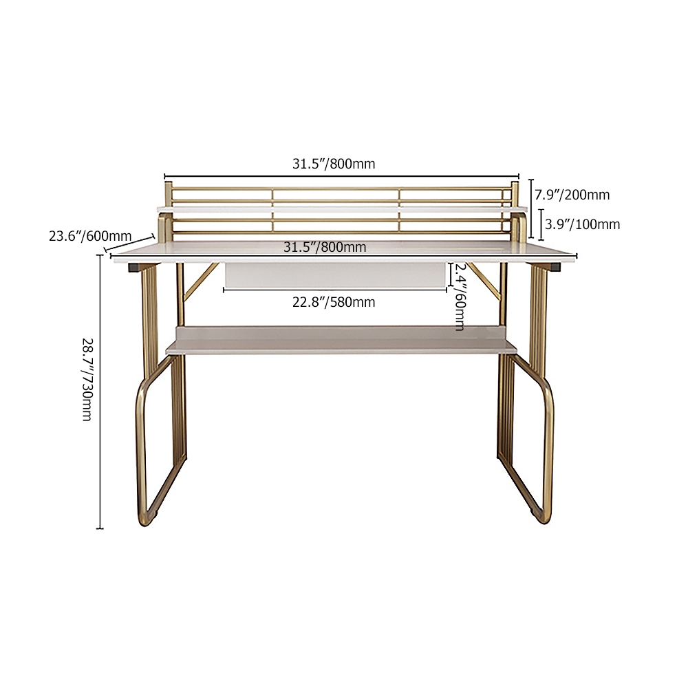 White Modern Small Desk with Drawer & Shelves Wood Top & Metal Frame window image