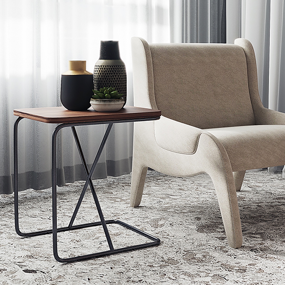 Walnut Modern C Side Tables for Living Room with Wood Top & Carbon Steel Legs window image
