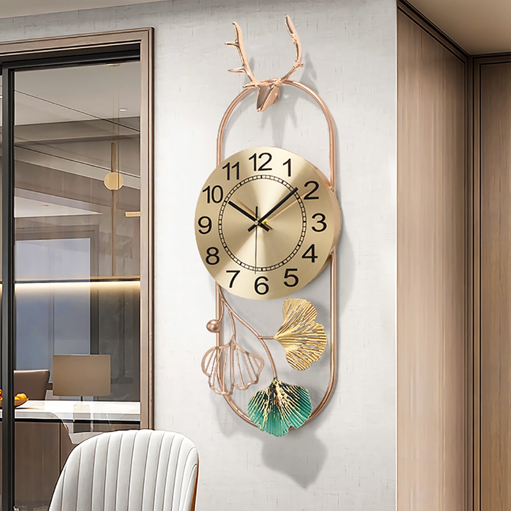 3D Deer Head Fashion Metal Wall Clock with Hollow-out Ginkgo Leaves window image