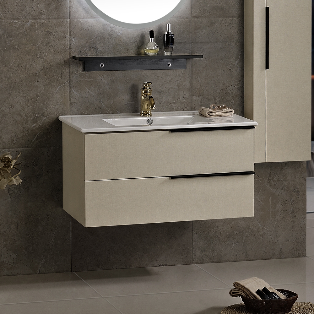 31.9" Modern Floating Bathroom Vanity White Ceramic Sink Khaki Bathroom Vanity window image