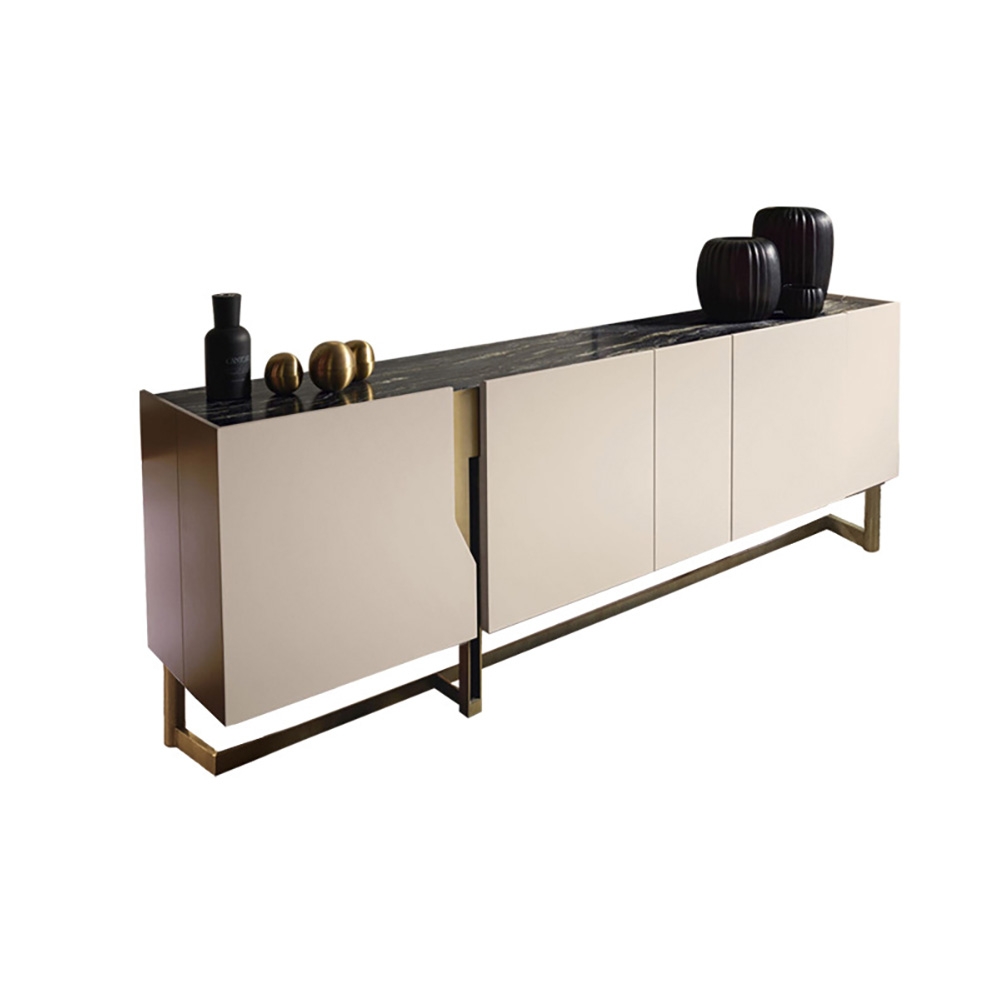 Modern Off White TV Stand Sintered Stone Top Media Console with Doors in Large window image