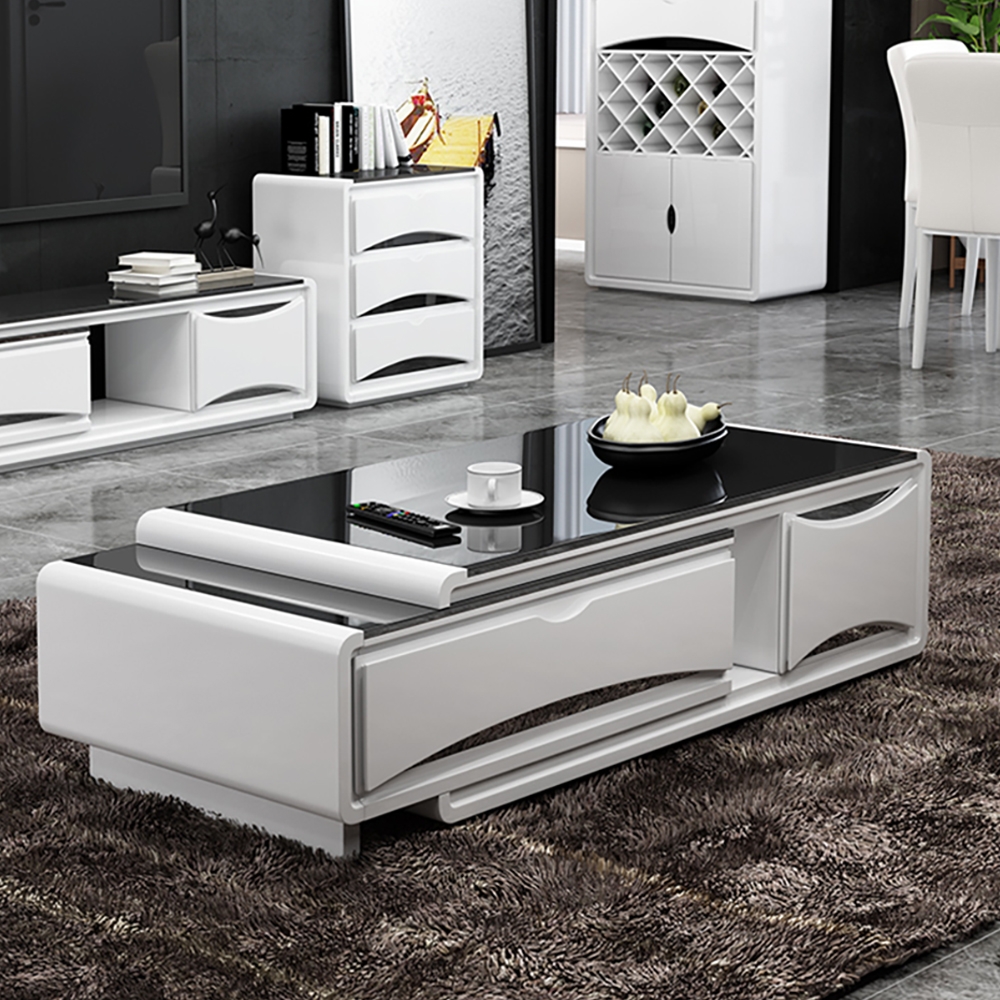 Modern Extendable Tempered Glass Coffee Table with Storage in Black & White window image