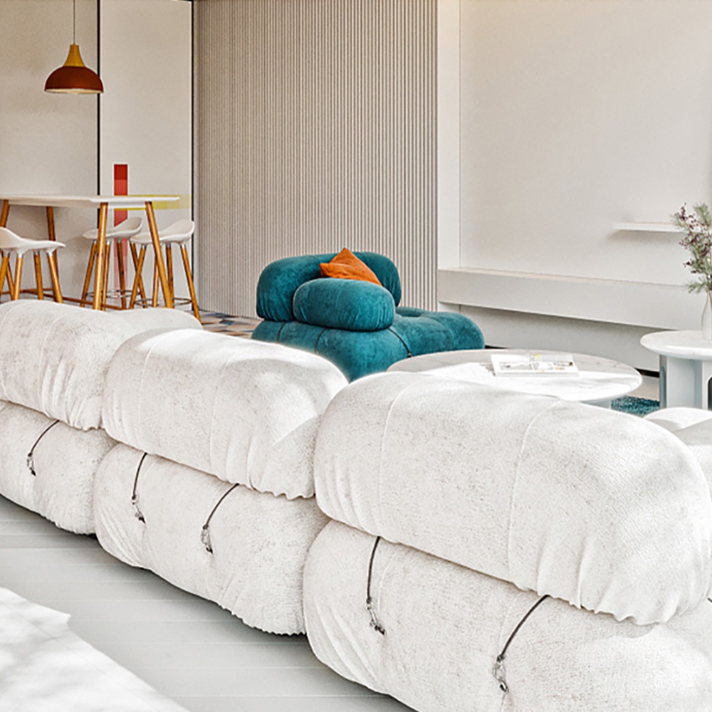 106.3" White Modular Velvet Upholstered Sofa 3-Seater Tufted Sofa window image