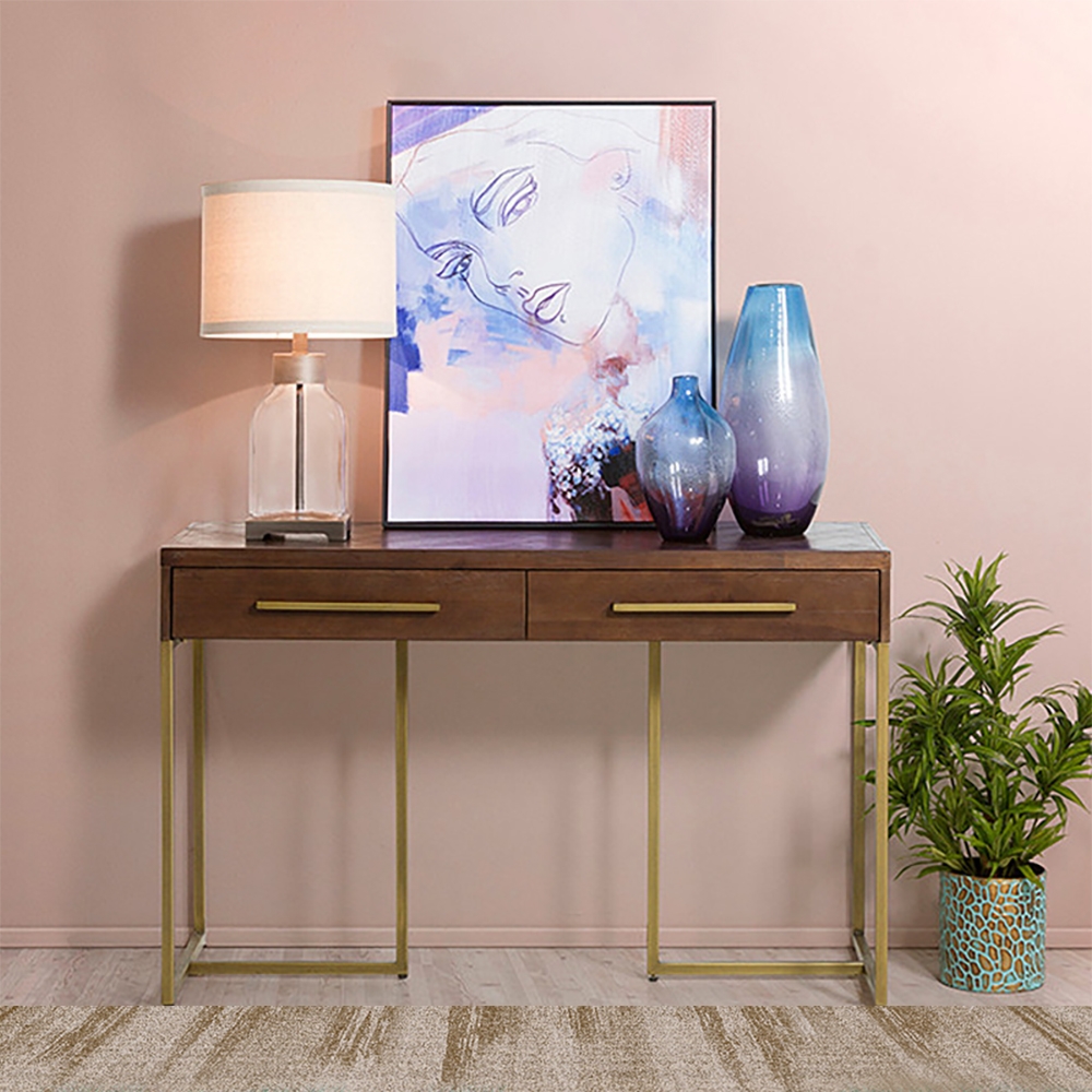 Walnut Modern Wooden Desk with Drawers Pine Wood Top & Metal Frame window image