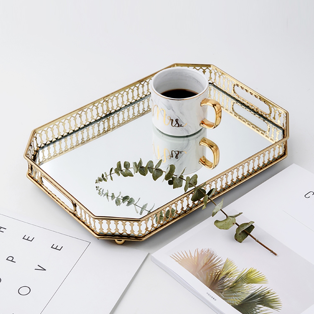 Gold Retangular Glass Mirror Serving Vanity Tray window image