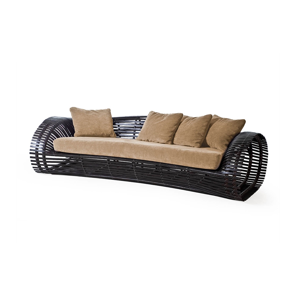 Rattan Outdoor Sofa Patio Bench with Cushion Pillow in Bamboo Tube Shape window image