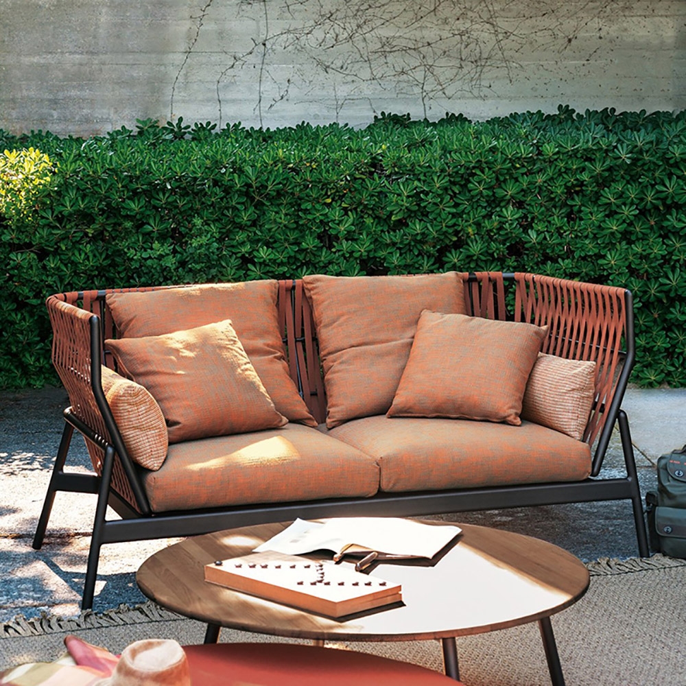 2-Seater Outdoor Sofa with Rattan Rope Woven Back Aluminum Frame window image