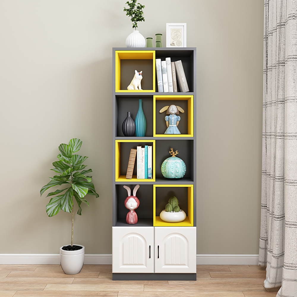 53.5" Gray & Yellow Geometric Bookshelf with Door window image