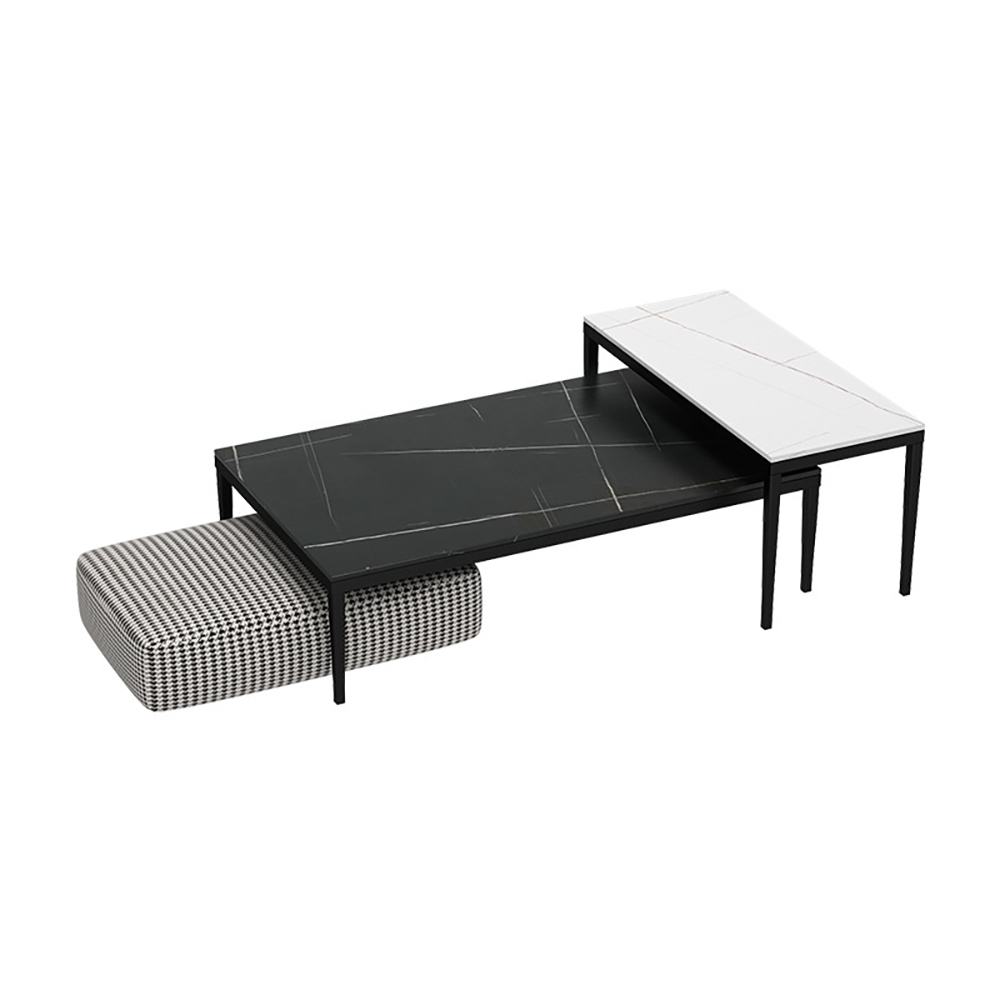 Modern Coffee Table Set with Ottoman & Sintered Stone Top & Metal Legs in 3 Pieces window image