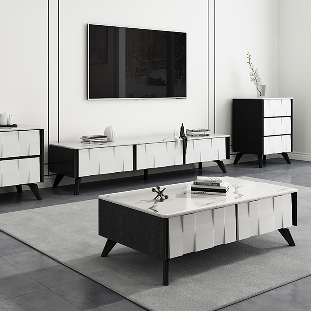 78" Italian TV Stand White Faux Marble Top Media Console with 3 Drawers window image