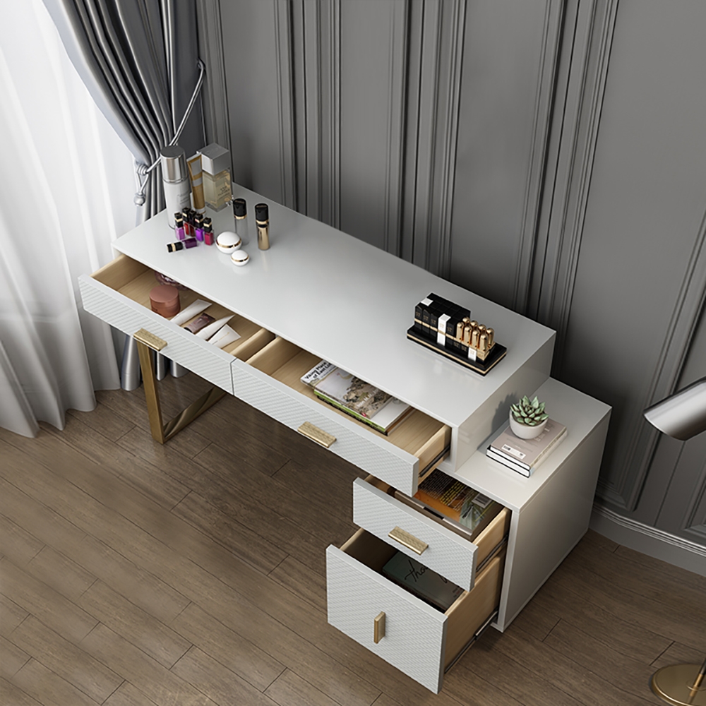 Postmodern White Makeup Vanity Expandable Dressing Table 4 Drawers Cabinet Included window image