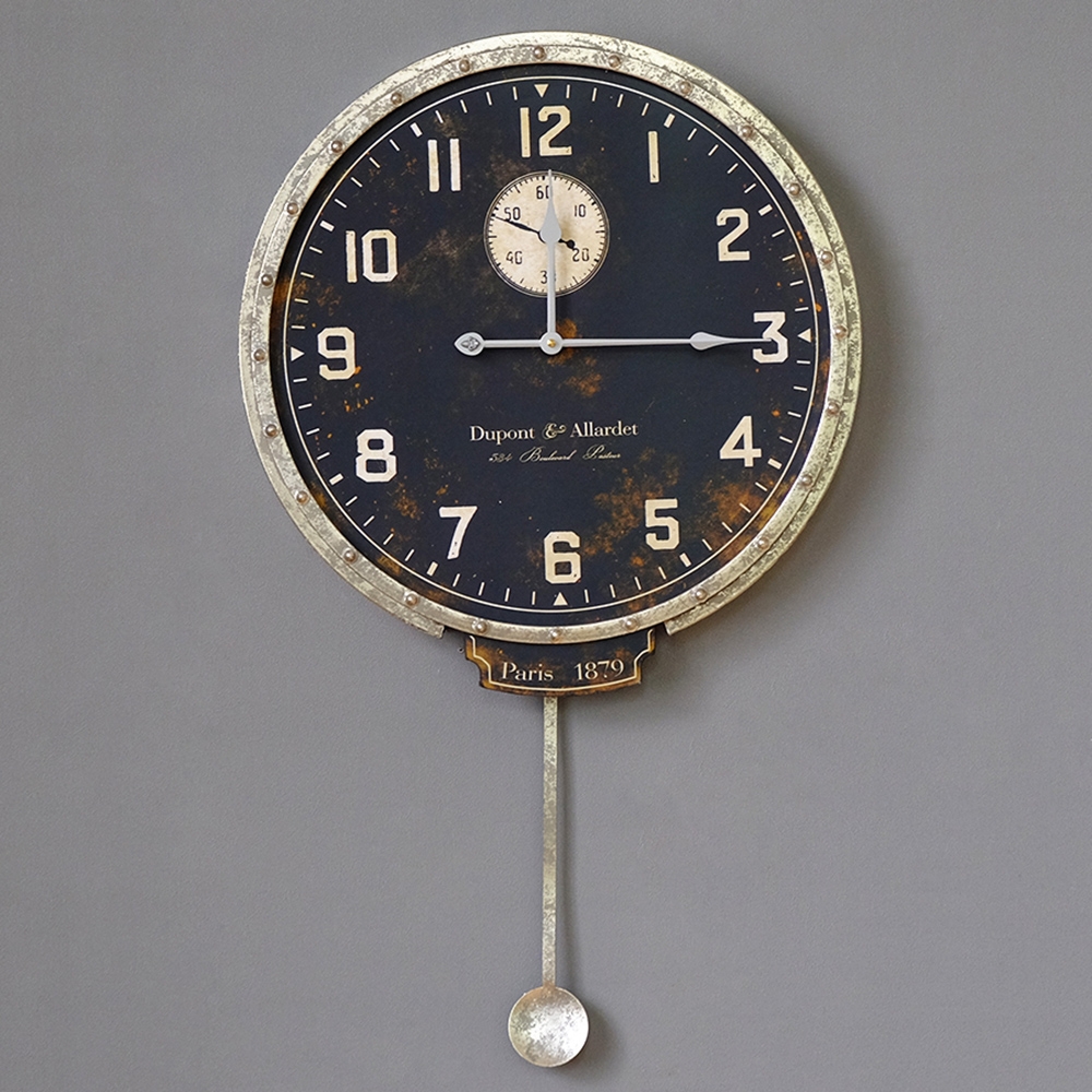 Retro-Industrial Style Unique Distressed Metal Circular Wall Clock with Pendulum window image