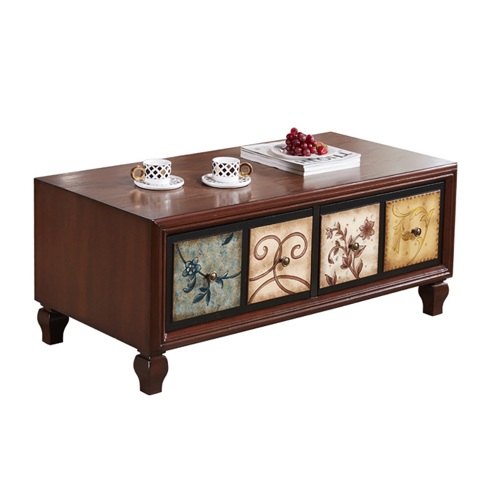 Farmhouse Wood Coffee Table with Drawers in Birch & MDF Mahogany Rustic window image