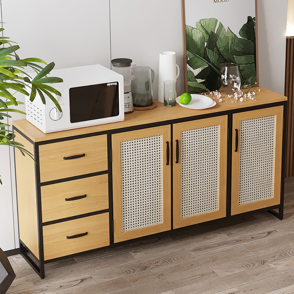 63" Natural Sideboard Nordic Rattan Woven Buffet with Drawers & Doors & Shelves window image