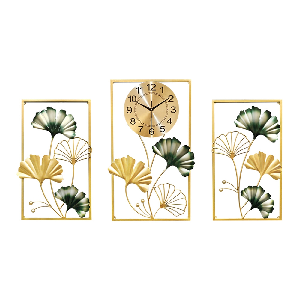 3-delige Ginkgo Leaves oversized metalen wandklok met geometrische rechthoekige frames Vensterafbeelding