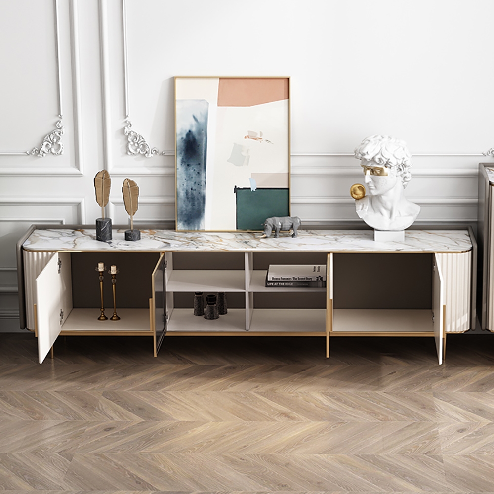 79" White TV Stand Sintered Stone Top Tempered Glass Doors Media Console with Shelves window image