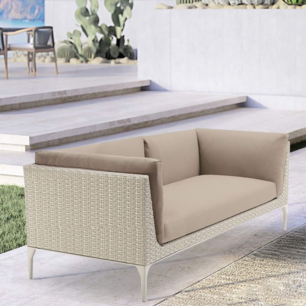 2-Seater Woven Rattan Outdoor Sofa with Square Arm Cushion Back window image