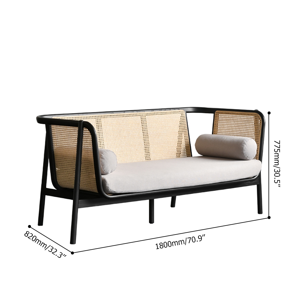 Rattan Sofa Upholstered Cotton&linen Sofa 3-Seater Sofa Ash Wood Frame window image