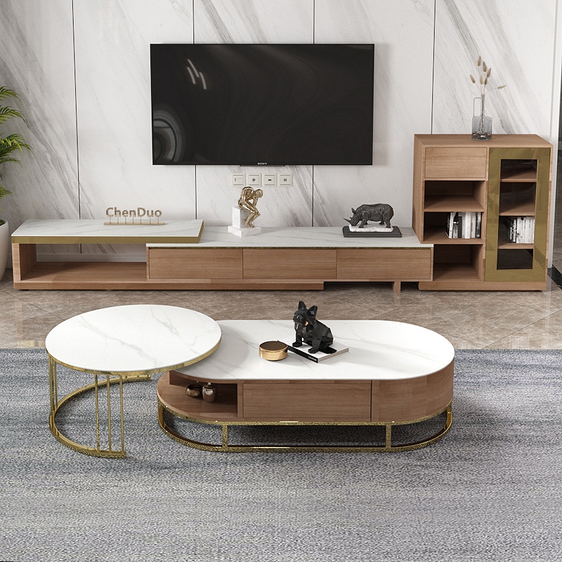 Nordic Walnut TV Stand Extendable Sintered Stone Top Entertainment Cabinet with Drawers window image