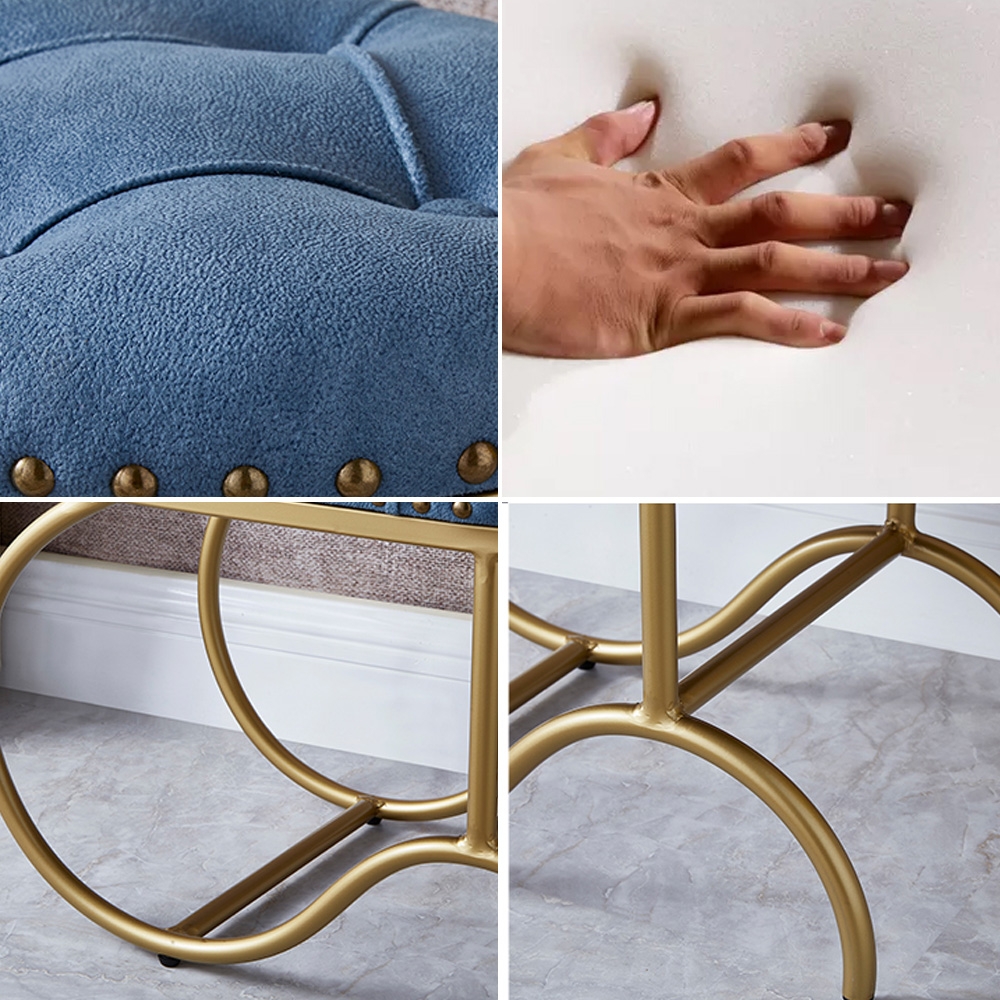 Blue Round Ottoman Tufted Upholstered Leath-aire Ottoman Stool Gold Base window image