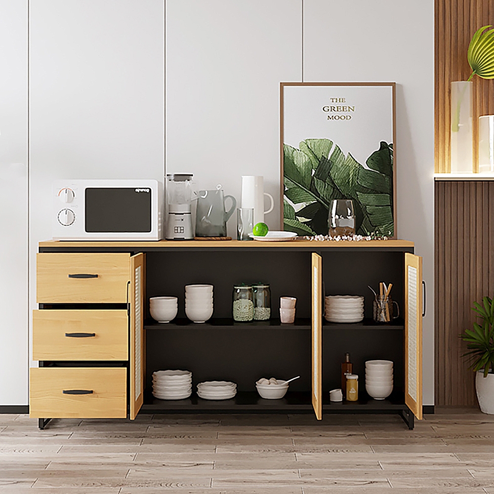 63" Natural Sideboard Nordic Rattan Woven Buffet with Drawers & Doors & Shelves window image